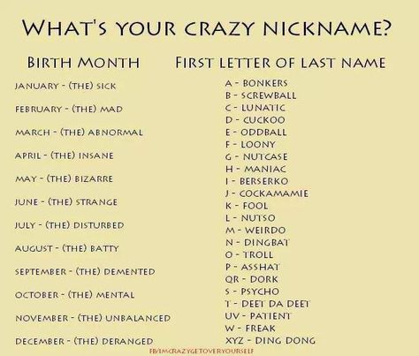 The insane psycho....so basically what my crush thinks of me... Nickname Quiz, Nickname Generator, Funny Name Generator, Nickname Ideas, Birthday Scenario, Funny Nicknames, Wake Ideas, Fantasy Names, Interactive Posts