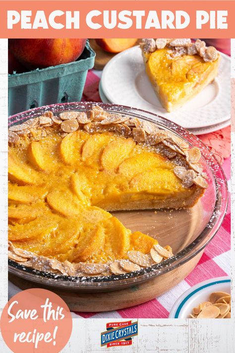 This pie recipe is for those who love the combination of peaches and cream. Peach Custard Pie starts with a homemade buttery pie crust that's filled with creamy brown sugar custard and fresh juicy peach slices. Served chilled, Peach Custard Pie tastes best the day it is baked. Peach Custard Pie, Peach Custard Pies, Peach Custard, Custard Pie Recipe, Peach Pie Recipes, Buttery Pie Crust, Baked Peach, Juicy Peach, Good Pie