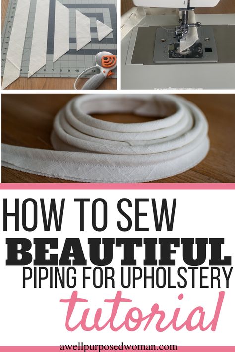 How To Sew A Box Cushion With Piping, How To Sew Piping On A Cushion, Adding Piping To Pillows, Making Piping For Cushions, How To Make Piping For Upholstery, How To Sew Piping, How To Do Corners On Upholstery, Upholstery Fabric Projects, Upholstered Chairs Diy