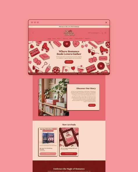 The playful, romantic new look of @theloveclubbookshop!🪩❤️ We’ve crafted a brand new identity for the Canada-based bookshop, reflecting the heart and soul of this enchanting romance haven. Join fellow romance book enthusiasts and immerse yourself in captivating love stories🫶🏼 #graphicdesign #graphicdesigner #design #brand #creative #logodesigner #logodesign #branding #brandidentity #brandingdesign #designer #brandingdesigner #illustrator #photoshop #logodesigns #logo #packagingdesign #visua... Bookshop Website Design, Gift Website Design, Cute Website Design Inspiration, Pink Website Design Inspiration, Bookstore Website Design, Valentines Website, Coquette Graphic Design, Book Store Website, Bookstore Website