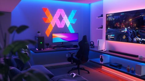 Nanoleaf and Razer team up to bring your dream battlestation to reality - techAU Nanoleaf Designs, Music Visualization, Light Panels, Screen Mirroring, Gaming Room Setup, Gamer Room, Led Panel Light, Game Room Design, Game Room Decor