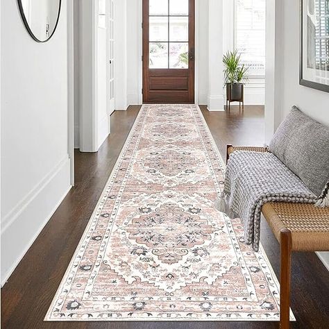 BOHO LONG RUNNER RUG: With classic borders and a unique print design, this hallway runner rug will be integrated into a variety of home decor styles, and add a bohemia feel to your home. This washable kitchen rug measures 2 X 10 feet, and the suitable size will better meet your needs for placing it Hallway Rugs Ideas, Bohemian Hallway, Long Hallway Runner, Rug For Hallway, Bedroom Laundry Room, Pink Runner Rug, Boho Runner Rug, Kitchen Rugs Washable, Bedroom Laundry