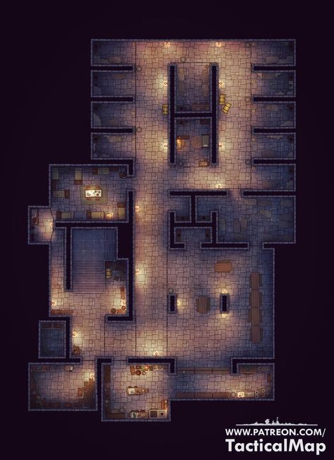 An underground prison for the detention of prisoners. Around the earth, stone and iron bars. It's stuffy, stinks of sweat and sewage, the guard is whistling mournfully. Prisoners are kept here until they are sentenced, unless of course the sentence is rotting in solitary confinement. Dungeon Design, Rpg Terrain, Maps Rpg, Dnd World Map, Fantasy Town, Fantasy World Map, Dnd Dragons, Tabletop Rpg Maps, Fantasy Maps