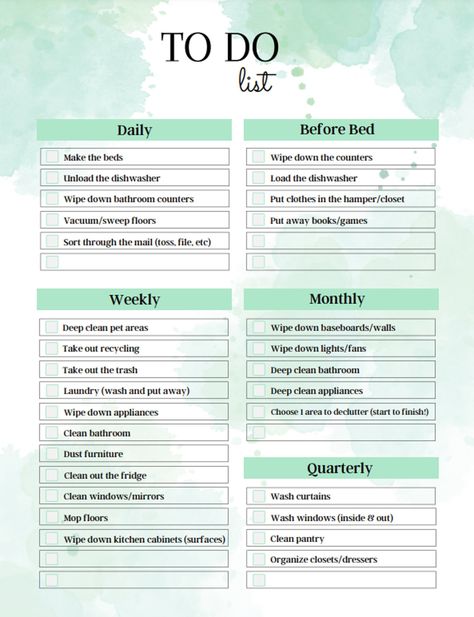 Do you need help tackling a messy house?  Do you feel like you are constantly playing catch-up with housework?  Following this list every day will help you get your home (and sanity!) back on track. This is a digital to-do list that you can download and print immediately.  Optional: save paper by laminating and using a dry erase marker! It is broken down into the following categories - Daily, Before Bed, Weekly, Monthly, and Quarterly.  Some spots are left blank for you to fill in your own tasks Home Task List, Monthly Tasks List, House To Do List, Task Calendar, Tasks List, Famous People In History, Deep Clean Bathroom, Self Esteem Activities, Cleaning Schedule Printable