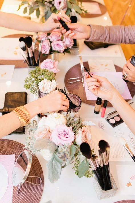 Makeup And Mimosas Party, Beauty Event Decor, Makeup Class Ideas Setup, Beauty Event Ideas, Makeup Class Ideas, Make Up Party Ideas, Women Workshop, Girls Makeup Party, Makeup Party Ideas