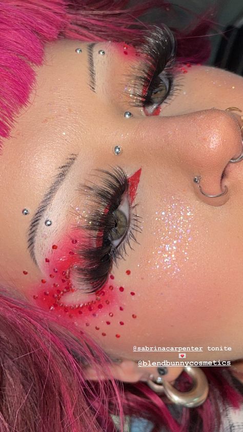 Heart Shaped Eyeshadow, Valentines Themed Makeup, Emo Valentines Makeup, Red Jewel Makeup, Gothic Valentines Makeup, Alternative Valentines Makeup, Heart Rhinestone Makeup, Alt Pink Makeup, Jem Makeup Looks