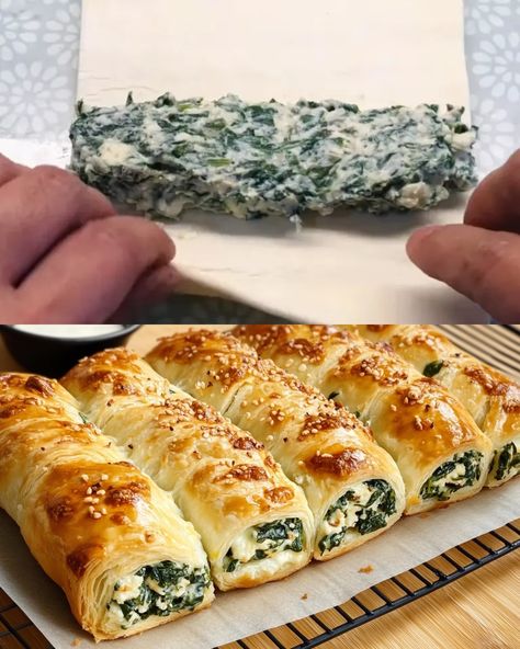 These Spinach and Cheese Puff Pastry Rolls are the perfect combination of flaky pastry and creamy, cheesy filling. Loaded with fresh spinach and a trio of cheeses—ricotta, mozzarella, and Parmesan—these rolls make an ideal appetizer, snack, or side dish. Quick to prepare and deliciously golden brown, they’re bound to impress your family and guests alike. Preparation Time Preparation: 20 minutes Cooking: 25 minutes Total: 45 minutes Ingredients 300g fresh spinach 3 tbsp olive oil 3 cloves garlic, Spinach And Cheese Crescent Rolls, Spinach And Cheese Rolls, Puff Pastry With Ricotta Cheese, Spinach And Ricotta Rolls, Spinach Crescent Rolls, Spinach Pastry, Puff Pastry Rolls, Spinach And Ricotta Lasagna, Pastry Rolls