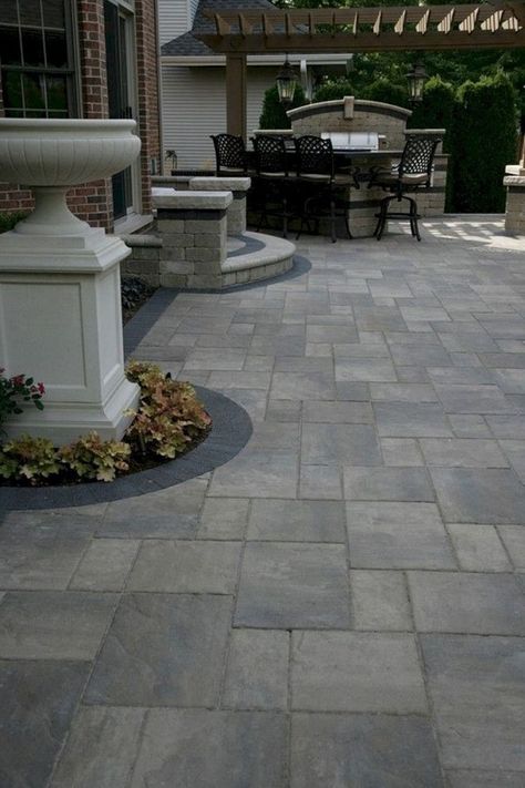 The concrete outdoor passage is inexpensive and ideal for rainy days as it dries up easily. This design requires low-maintenance, easy to adopt and long-lasting. Pavers Ideas, Stone Patio Designs, Brick Paver Patio, Large Backyard Landscaping, Backyard Patio Deck, Stone Pavers, Pavers Backyard, Paver Designs, Patio Layout