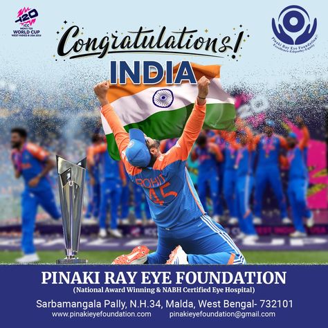 🏆Congratulations Team India on your glorious victory at the ICC Men's T20 World Cup 2024! 🏏🎉 Your hard work and dedication have made us all proud! 🙌👏 Let's celebrate this historic moment together! 🎊🌟 #TeamIndia #ICCT20WorldCup #Champions #CricketLovers #PinakiRayEyeFoundation #victory Team India, T20 World Cup, Hard Work And Dedication, Let's Celebrate, West Indies, Lets Celebrate, Hard Work, World Cup, Victorious