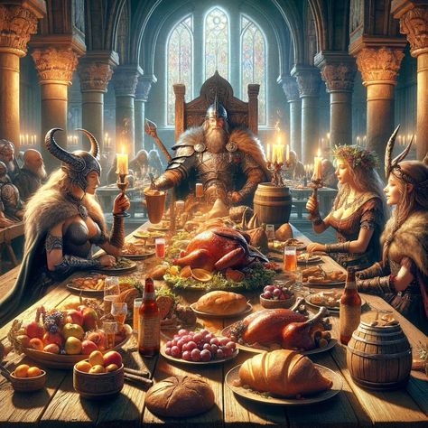 A grand feast was held to honour the visitors. #valkyrieandnymph #fantasy #fantasyart #fantasybooks #fantasyai #aifantasyart #aiart #aiartwork #aiartcommunity #ai #digitaldrawing #digitalartist #digitalpainting #digitalillustration #digitalcreator Steak Bagel, Fantasy Feast, Royal Feast, Viking Village, Rustic Bathroom Designs, Story Art, Barbie Wedding, March 4, Rustic Bathroom