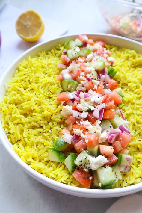 Best Yellow Mediterranean Rice - Bless This Meal Mediterranean Rice Recipe, Mediterranean Rice, Yellow Rice Recipes, Basmati Rice Recipes, Rice Side Dish Recipes, Easy Mediterranean Diet Recipes, Rice Side Dishes, Yellow Rice, Mediterranean Salad