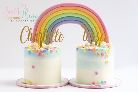 2 Cakes Joined By Rainbow, Two Cakes Connected With Rainbow, Twin Birthday Cakes, Baby Girl Birthday Cake, Rainbow Birthday Cake, Rainbow Birthday Party, Twin Birthday, Baby Girl Birthday, Baby 1st Birthday