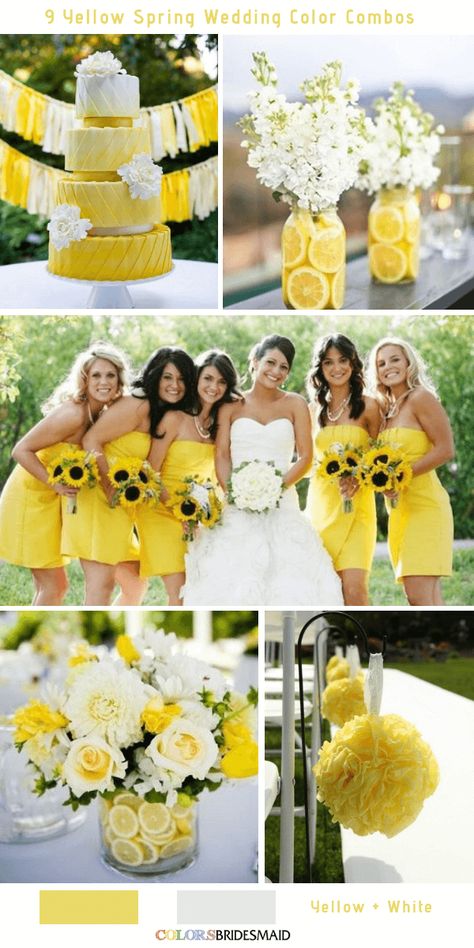 9 Gorgeous Yellow Spring Wedding Color Combos -No.1 Yellow and White #colsbm #bridesmaids #weddings #weddingideas #yellowweddings b460 Engagement Preparation, Yellow Spring Wedding, Yellow And White Wedding, Rose Pink Bridesmaid Dresses, Yellow Wedding Decorations, Yellow Wedding Colors, Spring Wedding Color Palette, Yellow Wedding Inspiration, Pew Decorations