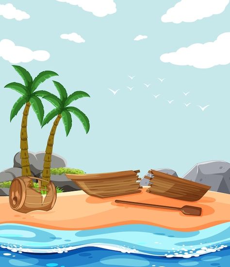 Free vector deserted island with broken ... | Free Vector #Freepik #freevector #cartoon-boat #wooden-boat #desert-island #land Island Cartoon, Cartoon Boat, Cartoon Island, Drawing Steps, Island Survival, Pirate Boats, Deserted Island, Boat Drawing, Tree Clipart