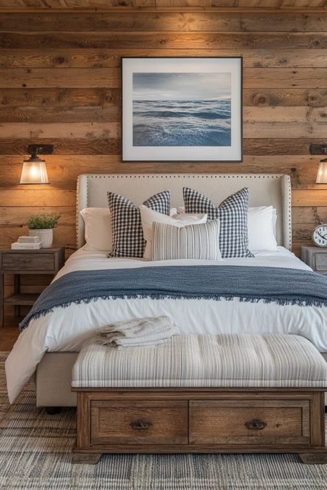 Modern Nautical Bedroom, Barndominium Decor, Lake House Designs, Master Bed Ideas, Nautical Bedroom Ideas, Lakehouse Bedroom, Lake House Bedroom, Layered Bedding, Fall Bedroom Ideas