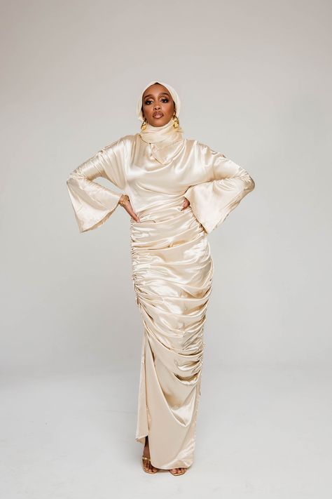 Long Sleeve Event Dress, Modest Hijabi Dresses, Silky Dress Long, Kai Collective, Cream Satin Dress, Khimar Style, Maxi Dresses Long Sleeve, Raya 2023, Black Tie Attire