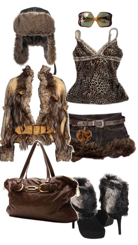 Trashy Y2k mac bling Leo print fur outfit Brown Leather Skirt Outfit, Fur Hat Outfit, Fur Boots Black, Fur Boots Outfit, Fur Mini Skirt, Leather Boots Outfit, Brown Fur Coat, Fur Outfit, Coat Belt