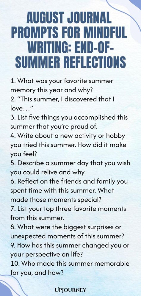 120+ August Journal Prompts for Mindful Writing End Of Summer Journal Prompts, August Journal Prompts, August Journal, Summer Notebook, Work Etiquette, Psychology Terms, School Journal, Prompts Ideas, Relationship Quizzes