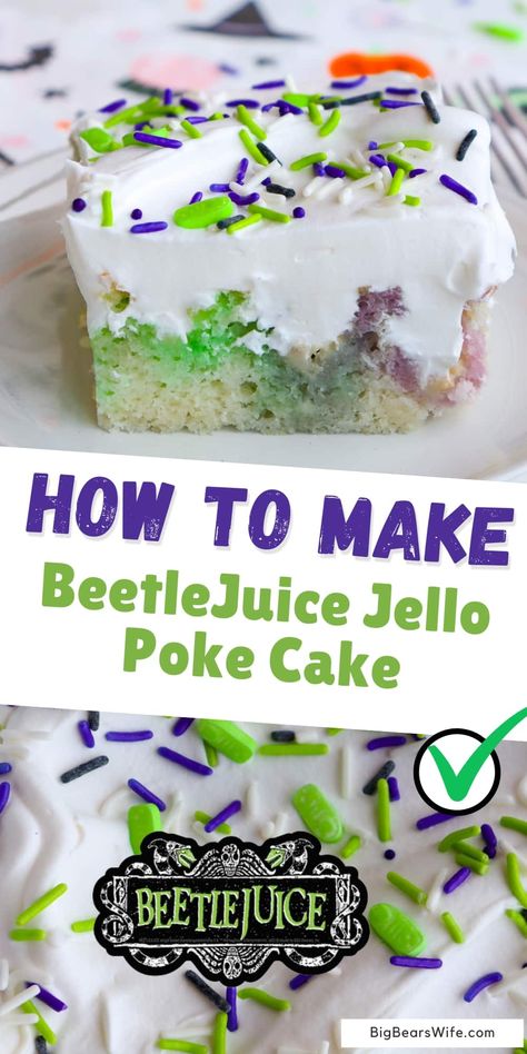 Do you remember the iconic movie "Beetlejuice" and its kooky characters? If so, you're in for a treat! We're diving into the delicious world of Beetlejuice with A Super Easy BeetleJuice Jello Poke Cake. via @bigbearswife Beetlejuice Food Recipes, Beetlejuice Recipe, Beetlejuice Themed Dinner, Beetlejuice Dinner Party Food, Beetlejuice Food Ideas, Beetlejuice Snacks, Beetlejuice Themed Desserts, Bettlejuice Theme Dinner, Beetlejuice Cake