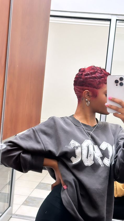 Black Women Haircuts Short Fade, Red Undercut Hair, Shaved Designs In Hair, How To Style My Pixie Haircut, Bald Cuts For Black Women, Fade Haircut Black Woman, Burgundy Pixie Cut Black Women, Red Short Hair Black Women, Red Pixie Haircut Black Women