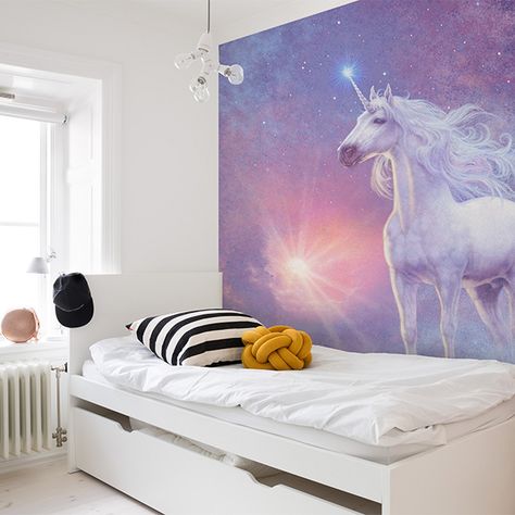 Astral Unicorn wall mural for kids room #unicorn #wallmural #walldecor #wallart #kidsroom #kidsinterior #fantasy #photowallsweden Unicorn Mural, Unicorn Wall Mural, Murals For Kids, Wallpaper Accent, Kids Room Wallpaper, Standard Wallpaper, Girl Beds, Kids Wall Murals, Kids Interior