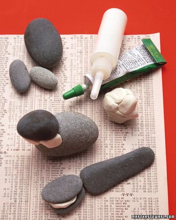 Ideas for gluing rocks for decorating.  I like the idea of using the putty to balance while glue dries!  "Glue rocks together before painting them, attaching small stone features such as eyes, feet, or beaks to body parts before joining larger parts; attach whiskers and tails after painting. Cement glue makes the strongest bond but should be used only by parents working in a well-ventilated area. (Kid-friendly glues are less durable and are best for rock crafts that will sit on shelves.)" Rock Creature, Painting Cement, Martha Stewart Crafts, Rock And Pebbles, Acrylic Craft Paint, Rock Ideas, Paint Rock, Sticks And Stones, Pet Rocks