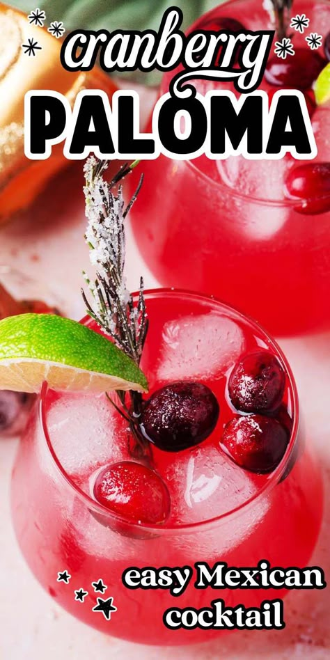 This Holiday Cranberry Paloma is a cocktail that combines tart cranberry juice, zesty grapefruit juice, and smooth tequila for a vibrant drink that’s perfect for the season. Whether you’re hosting a holiday gathering or enjoying a quiet evening, this easy-to-make Paloma is sure to impress. Tequila Cranberry Cocktail, Cranberry Paloma Cocktail Tequila, Winter Paloma Cocktail, Cranberry Alcoholic Drinks Holidays, Christmas Paloma Cocktail, Clear Cocktail Recipes, Tequila Cranberry Drinks, Cranberry Tequila Cocktails, Mexican Christmas Drinks