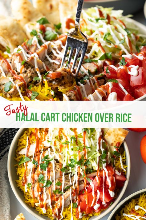 How to Make the Best Halal Cart-Style Chicken Recipe (+ VIDEO) - This Middle Eastern street food favorite layers zesty grilled chicken with tangy yogurt sauce and fresh chopped veggies over fluffy yellow rice. It's great to make ahead and meal prep, and perfect to customized to your tastes! Serve Halal Chicken Over Rice for lunch or dinner in a bowl for a convenient and satisfying one-bowl meal. | A Spicy Perspective Halal Chicken Bowl, Middle Eastern Chicken And Rice Bowl, Halal Street Cart Chicken, Chicken Over Rice Halal, Halal Lamb And Chicken Over Rice, Chicken Gyro Rice Bowl, Halal Cart Chicken And Rice, Halal Chicken And Rice White Sauce, Easy Halal Recipes