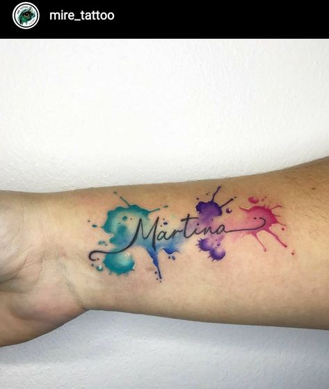 Watercolor Word Tattoo, Watercolor Script Tattoo, Color Splatter Tattoo, Color Name Tattoo, Watercolor Art Tattoo, Watercolor Splash Tattoo, Splash Tattoo, Bholenath Tattoo, Splatter Tattoo