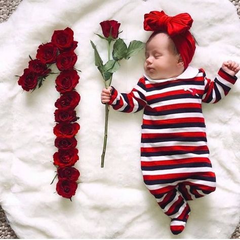 Baby Girl Monthly Ideas with red roses and bow 1 St Month Baby Photo Shoot, Baby Birthday Pictures, Monthly Baby Photography, Monthly Ideas, Monthly Photoshoot, Baby Collage, Baby Captions, Newborn Quotes, Diy Newborn Photography