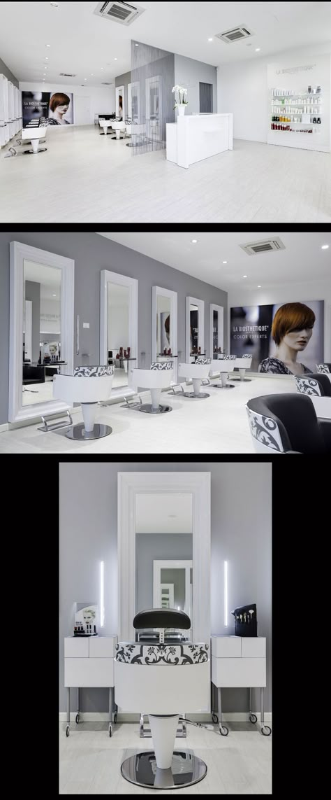 Hair Salon Capolavoro - Mantova (Italy) - Salon Design by Mauro Cimarosti - #SalonTrends Black White And Grey Beauty Salon, Grey Salon Ideas, Gray Hair Salon Decor Interior Design, Grey Salon Ideas Interior Design, Simple Salon Ideas, Black Floors, Mantova Italy, Salon Equipment Furniture, Small Salon