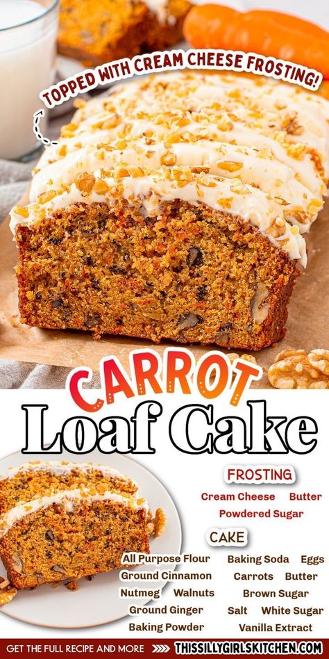 carrot loaf cake with cream cheese frosting Carrot Loaf Cake, Carrot Cake Loaf Recipe, Carrot Bread Recipe, Cinnamon Carrots, Carrot Loaf, Carrot Cake Bread, Carrot Cake Loaf, Carrot Cake Recipe Easy, Recipe With Cream Cheese