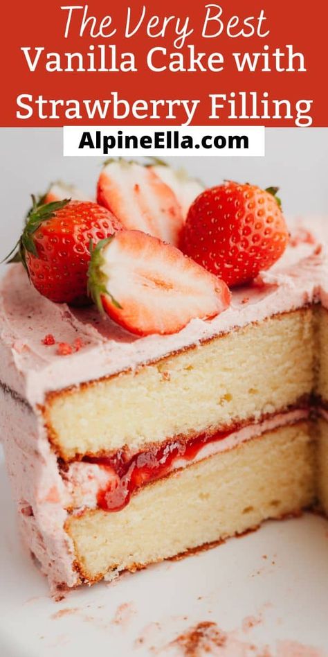 The soft and fluffy vanilla layer cake is filled with homemade strawberry jam and covered in the best strawberry buttercream! This is the perfect cake for strawberry lovers. Strawberry Jelly Filling For Cake, Vanilla Cake With Strawberry Filling, Strawberry Banana Cakes, Fruit Cake Filling, Cake With Strawberry Filling, Vanilla Layer Cake, Dark Chocolate Desserts, Cottagecore Recipes, Strawberry Vanilla Cake