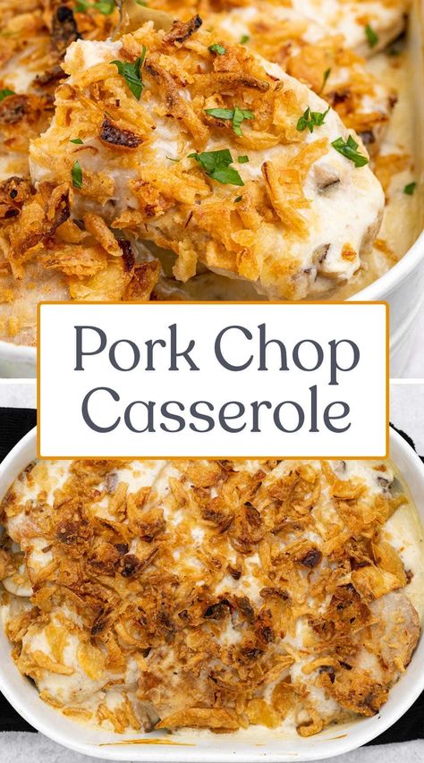 This pork chop casserole is a family favorite! Crispy pork chops are layered over creamy potatoes and baked until perfectly tender. Throw this super easy dinner together on a busy weeknight for a comforting meal the whole family will love! Crispy Pork Chops, Pork Chop Casserole Recipes, Pork Chop Casserole, Pork Casserole, Pork Chop Recipes Crockpot, Creamy Potatoes, Pork Recipes For Dinner, Easy Pork Chops, Pork Chop Recipes Baked