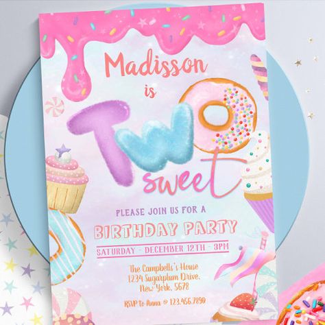 $3.08 | Donut Two Sweet One Invitation - donut party, pink donut party, girl donut party, is two sweet, donut grow up, cupcake birthday invitation, baby's 1st birthday, two sweet invitation, sweet 2nd birthday, donut 2nd birthday Sweet Birthday Party, Donut Themed Birthday Party, Birthday Party Pink, Pink Donut, Donut Birthday Parties, Second Birthday Ideas, Ice Cream Birthday Party, Cupcake Birthday, Pastel Girl