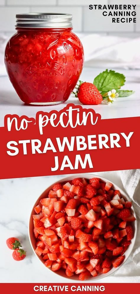 Discover the charm of strawberry jam no pectin from our strawberry canning recipes. This old-fashioned recipe requires just three simple ingredients and no boxed pectin, making it a perfect project for those new to canning. Enjoy the pure taste of strawberries in this delightful jam. Find more preserving fruit in jars, canning fruit recipes, and water bath canning recipes at creativecanning.com. Strawberry Preserves Recipe Canning, Strawberry Jam Recipe Canning No Pectin, How To Make Strawberry Jelly, No Pectin Jam, Strawberry Concentrate Recipe, Freezer Jam Strawberry No Pectin, Strawberry Preserves Canning, Strawberry Canning, Strawberry Jam Without Pectin