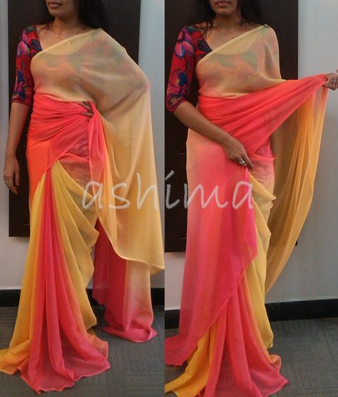 Code:0501162- Shaded Chiffon Saree- Price INR:3990/- Crape Sarees Chiffon, Shaded Saree Color Combos, Shaded Saree, Pure Chiffon Sarees, Saree Ideas, Designer Sarees Wedding, Kanjivaram Sarees Silk, Simple Saree Designs, Chiffon Sarees