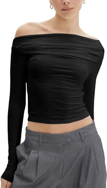 J.Corrine Women's Cropped Off Shoulder Tops Long Sleeve Asymmetrical Unique Ruched Y2K Tees Soft Shirts Black M at Amazon Women’s Clothing store Y2k Tees, Asymmetrical Shirt, Shirts Black, Shoulder Tops, Winter Outfits For Work, Fall Street Style, Casual Dinner Outfit, Off Shoulder Tops, Smart Casual