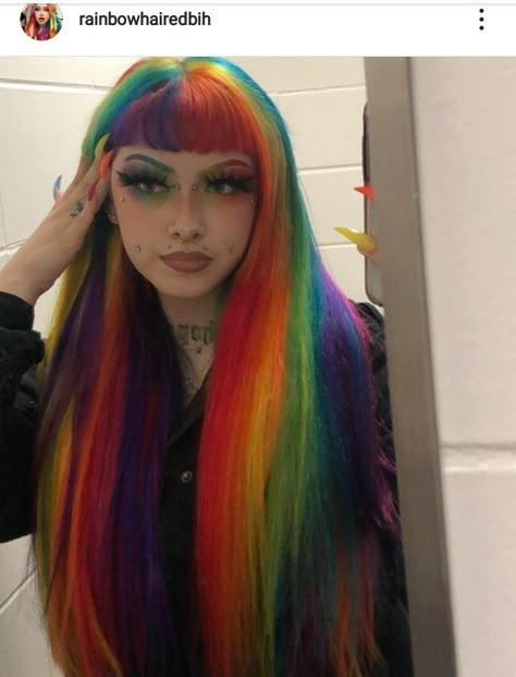 Rainbow Emo Hair, Rainbow Hair With Bangs, Purple And Rainbow Hair, Hair Dye Rainbow, Long Rainbow Hair, Dyed Mohawk, Black And Rainbow Hair, Rainbow Hair Aesthetic, Dark Rainbow Hair