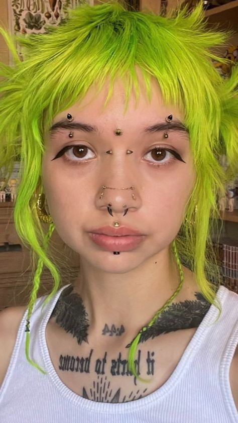 Persings Ideas Face, Multiple Eyebrow Piercing, Alternative Piercings Face, Symmetrical Facial Piercings, Piercing Combinations Facial, All Piercings Types Face, Large Septum Piercing, A Lot Of Piercings Face, Multiple Face Piercings