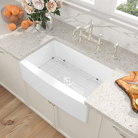 Jackforce 33 X 21 Inch Kitchen Sink Curved Apron Front White Fireclay Ceramic Porcelain Single Bowl Farm Kitchen Sink | Wayfair 30 Inch Kitchen Sink, Small Farmhouse Sink, White Farm Sink, Farmers Sink, White Farmhouse Sink, Ceramic Kitchen Sinks, Apron Front Kitchen Sink, Fireclay Farmhouse Sink, White Kitchen Sink