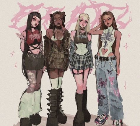 Brats Fanart, Cool Grunge Art, Outfits To Draw, Y2k Illustration, Arte Monster High, 4 Characters, Art Outfit, Swag Art, Grunge Art