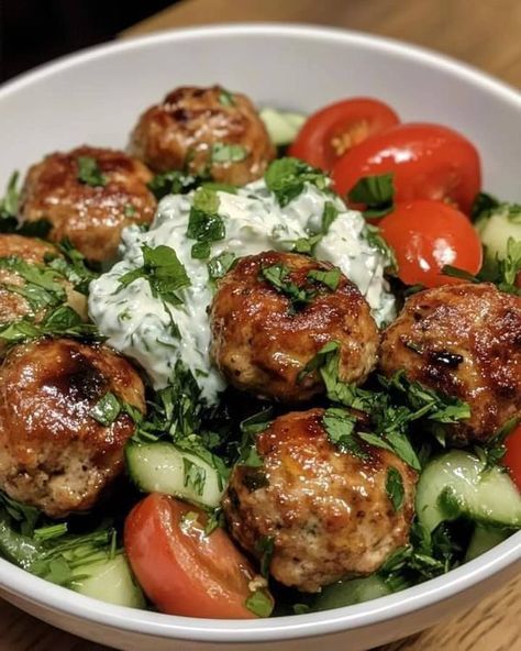 The Pioneer Woman Ree Drummond ❤️ '' Recipes'' | Greek Chicken Meatballs with Homemade Tzatziki | Facebook Mediterranean Tzatziki Bowl, Chicken Meatballs With Tzatziki, Greek Chicken Meatballs With Homemade Tzatziki, Greek Chicken Meatballs With Tzatziki, Prediabetic Recipes, Greek Chicken Meatballs, Keto Entrees, Mediterranean Meatballs, Homemade Tzatziki Sauce