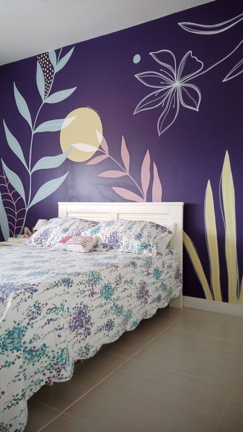 wall painting for bedroom Bedroom Wall Painting Ideas Creativity, Purple Accent Wall Bedroom, Wall Painting For Bedroom, Simple Wall Paintings, Wall Painting Living Room, Painting For Bedroom, Creative Wall Painting, House Wall Design, Wall Painting Techniques