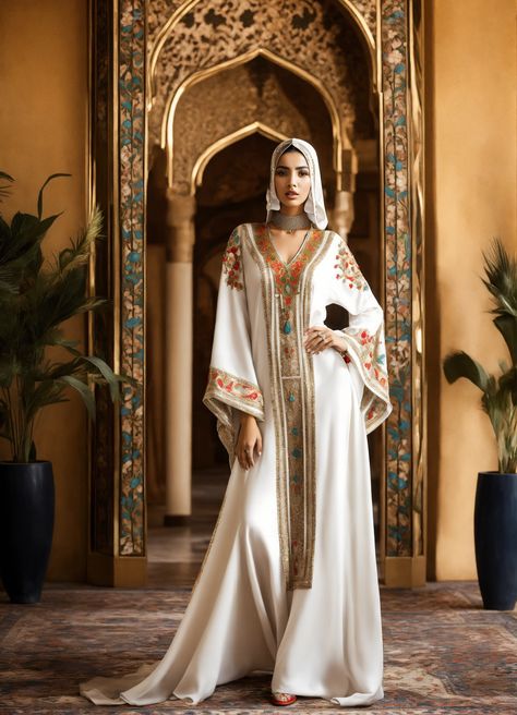 Lexica - Beautiful morrocan women wearing morrocan kaftan white , haute couture, gucci inspiration , luxury, full body, hyperrealistic, White Haute Couture, Royalty Dresses, Middle Eastern Fashion, Fashion Traditional, African Fashion Traditional, Fancy Dresses Long, Abaya Fashion, Design Reference, Fancy Dresses