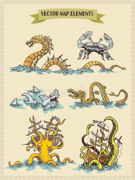 Vector Map Elements, Colorful, Hand Draw - Sea Monsters and Fantasy Creatures for Pirate Treasure Map Stock Illustration - Illustration of heraldic, draw: 109857628 Drawing Ideas Sea, Treasure Map Drawing, Map Elements, Sea Monsters Drawing, Sea Map, Map Sketch, Fantasy Map Making, Pirate Treasure Maps, Fantasy World Map