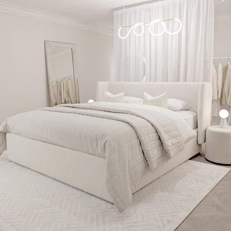 Luxury White Bed Frame, King Size Bed Master Bedrooms Cozy, Beds In Front Of Windows Ideas, Tech Apartment, Ivory Bedroom, Bed Types, Cream Bed, White Beds, Rowen Homes