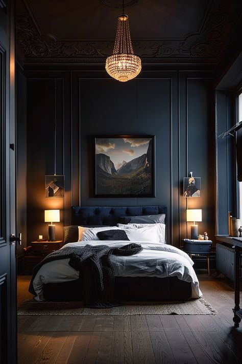 Immerse yourself in alluring darkness with these moody bedroom color palettes, setting the mood for a space that's both soothing and evocative. #AlluringDarkness #MoodyBedrooms Dark Romantic Bedroom, Dark Gray Bedroom, Dark Blue Bedrooms, Black Bedroom Decor, Bedroom Colour Palette, Moody Bedroom, Dark Bedroom, Black Bedroom, Luxury Bedroom Master