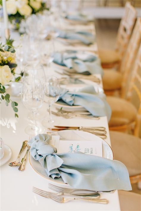 Blue And Sage Table Setting, Ceremony Table Decorations, Beach Table Setting Wedding, Blue Wedding Theme Table Settings, Silver Blue Wedding, Wedding Plate Setting Napkins, Light Blue Table Setting Wedding, Charger Plates Table Setting, Blue Napkin Wedding