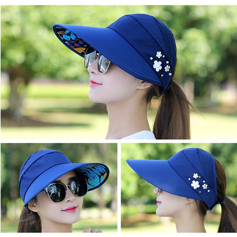 Women Ladies Summer Outdoor Gardening Anti-UV Foldable Beach Sunscreen Sun Hat Flower Print Cap Beach Sunscreen, Pola Topi, Hat Flower, Summer Hats Beach, Sun Visor Hat, Cotton Beanie, Summer Hats For Women, Summer Sun Hat, Embroidery Patterns Vintage